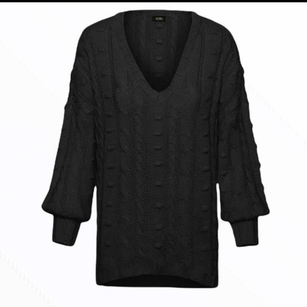 AFRM Boston Black Chunky Cable High Low Sweater